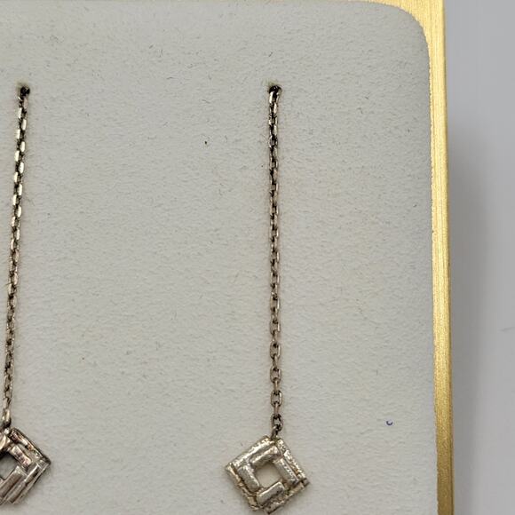 Womens Sterling Silver Pull Through Long Chain Cube Dangle Drop Earrings - Picture 11 of 12